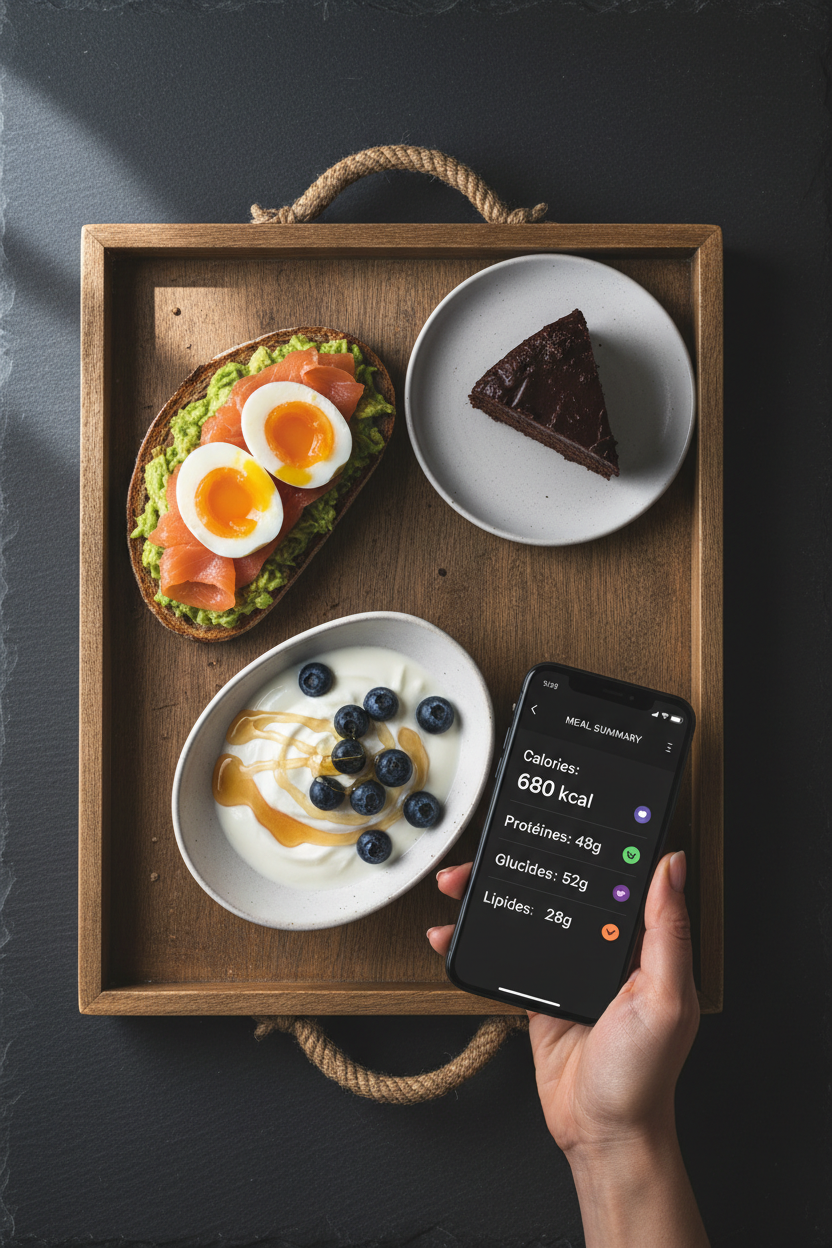 Plateau repas équilibré avec smartphone affichant une appli de tracking de calories sans balance