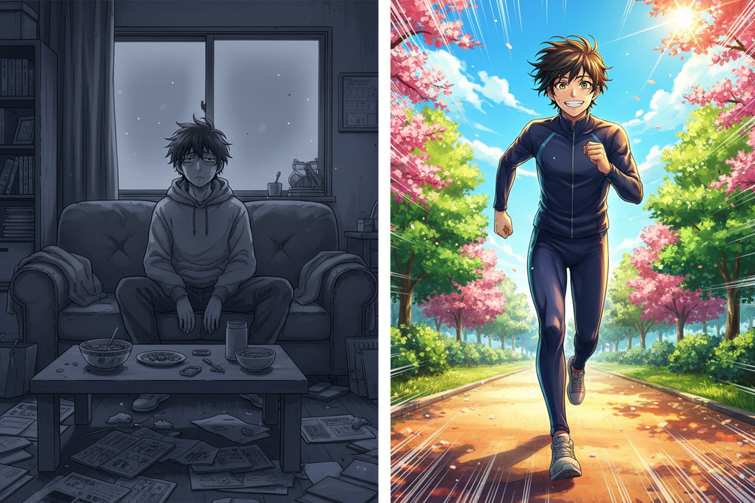 Illustration manga représentant la discipline et la construction d'habitudes durables face à la motivation éphémère