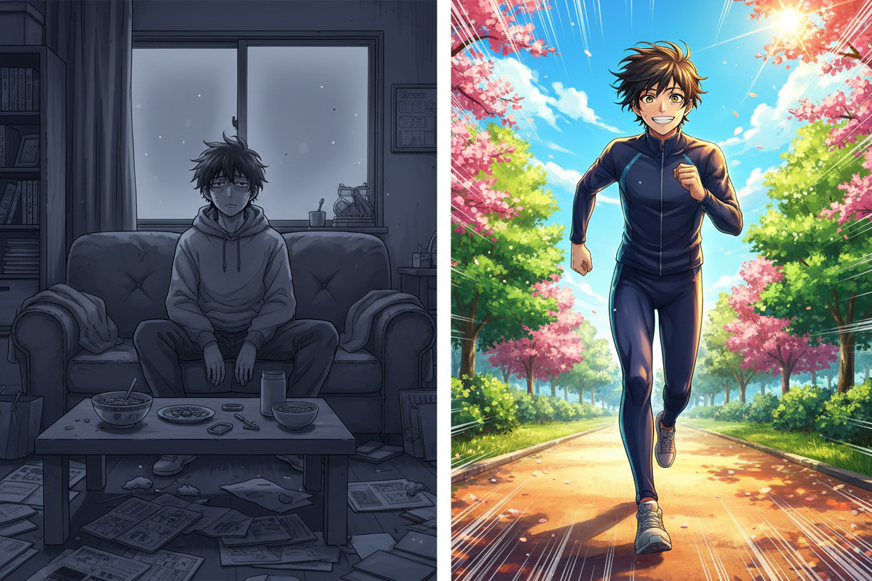 Illustration manga représentant la discipline et la construction d'habitudes durables face à la motivation éphémère